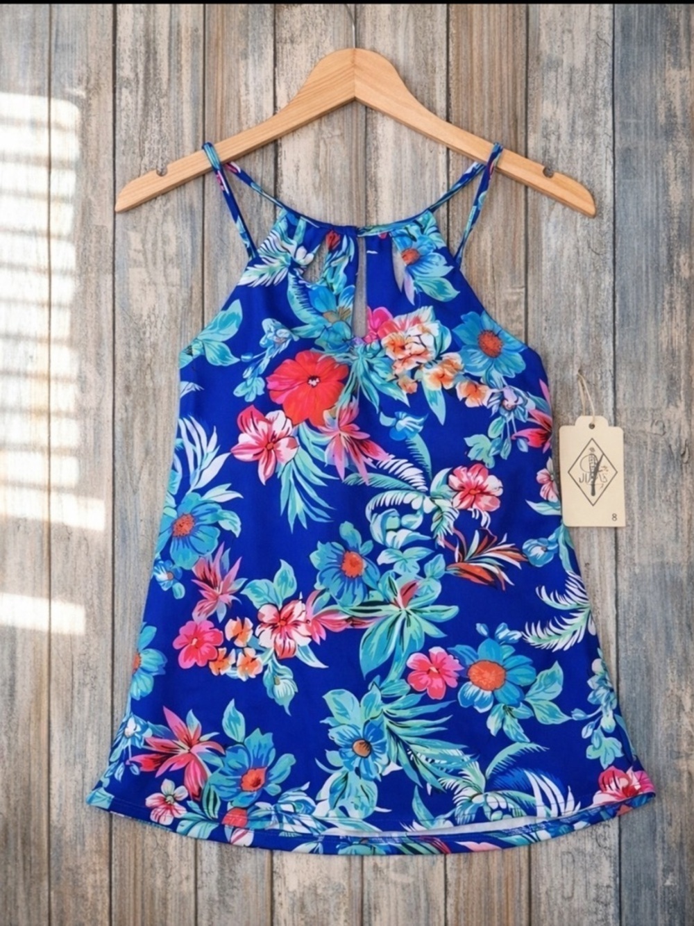 NWT St. John’s Bay Blue Floral Tankini Top Women’s Size 8 Tropical Swim - Picture 1 of 6